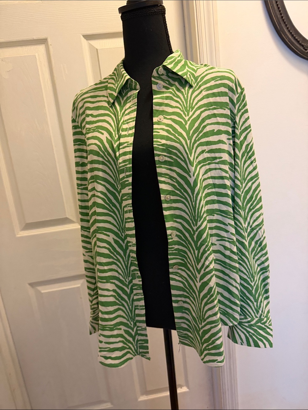 Drapey Green and White Zebra Print Button-Up Shirt